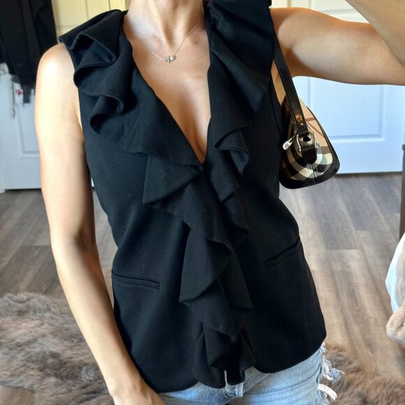 Alice + Olivia Ruffle Front Vest Ponte Knit Sleeveless Blouse Black Womens Small - Picture 2 of 10